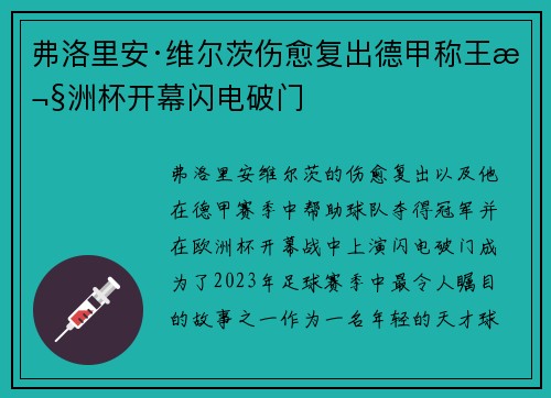 弗洛里安·维尔茨伤愈复出德甲称王欧洲杯开幕闪电破门